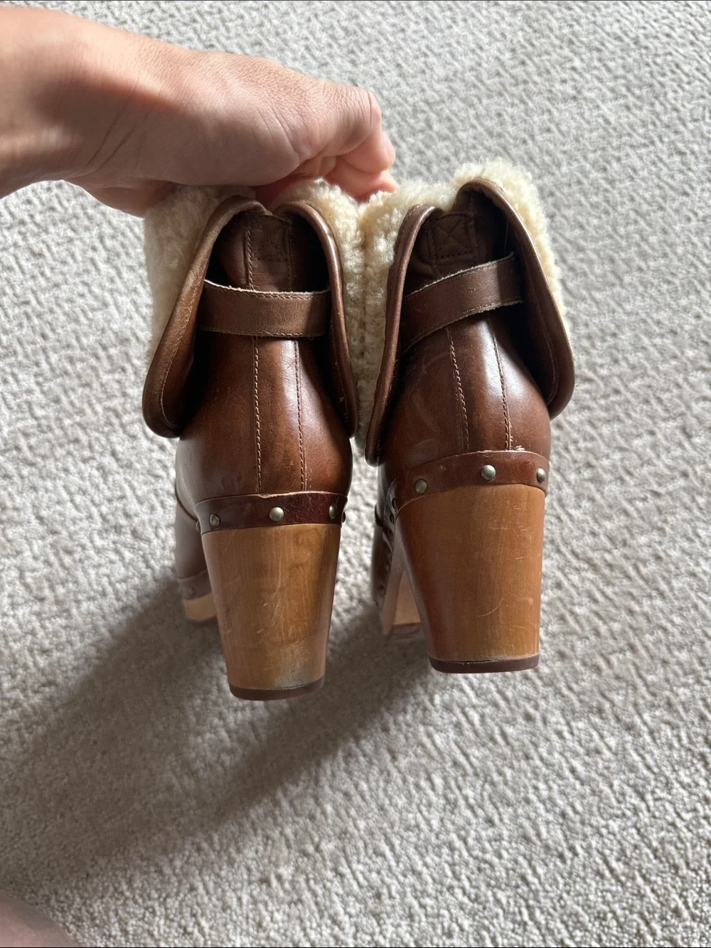 UGG Brown Leather Shearling Clog Booties with Studded Wooden Heel